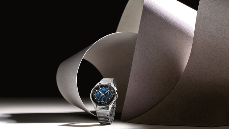Bulova CURV Men's Quartz Black Blue Dial Stainless Steel Watch 
